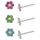 Target Girls' Sterling Silver 3 Pr Crystal Flower W/pearl-green/pink/blue
