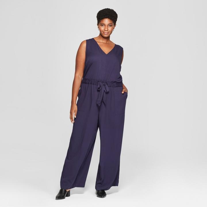 Women's Plus Size Tie Waist Jumpsuit - Ava & Viv Navy