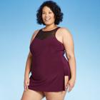 Women's Plus Size High Neck Mesh Swim Dress - Aqua Green Currant