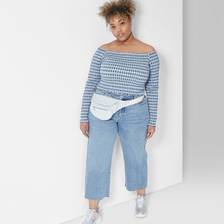 Women's Plus Size Cropped Long Sleeve Gingham Smocked Top - Wild Fable Blue