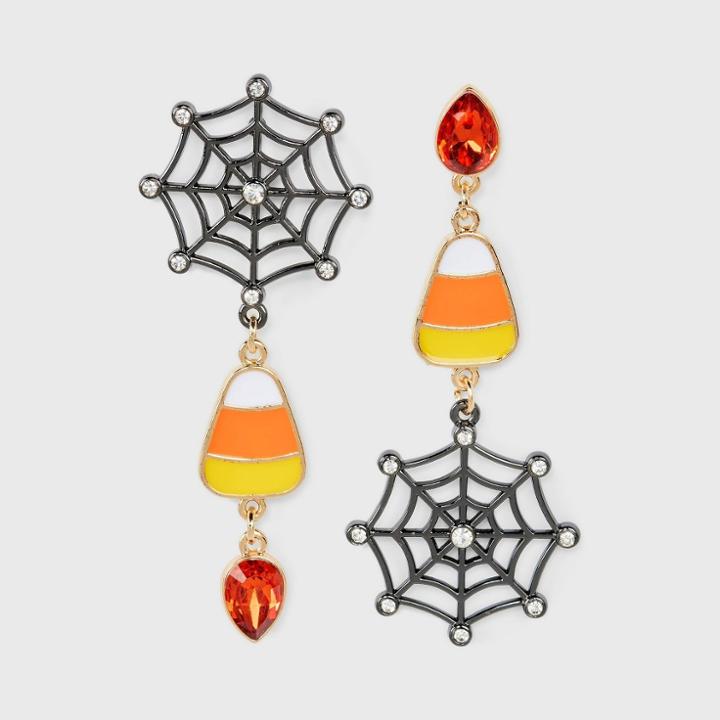 No Brand Halloween Mismatched Spider Web And Candy Corn Drop Earrings - Orange