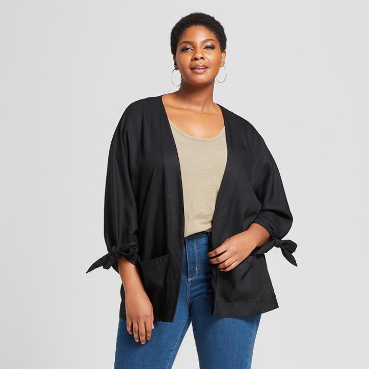 Women's Plus Size Tie Cuff Open Kimono Jacket - Ava & Viv Black X