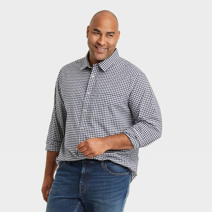 Men's Tall Checked Casual Fit Poplin Long Sleeve Button-down Shirt - Goodfellow & Co Navy/check Xlt, Blue/check