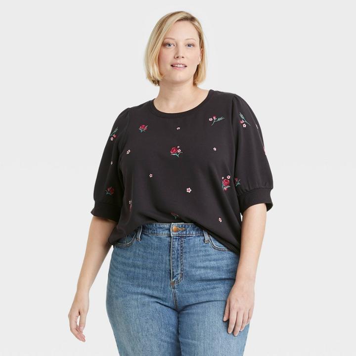 Women's Plus Size Short Sleeve Embroidered Sweatshirt - Knox Rose Gray Floral