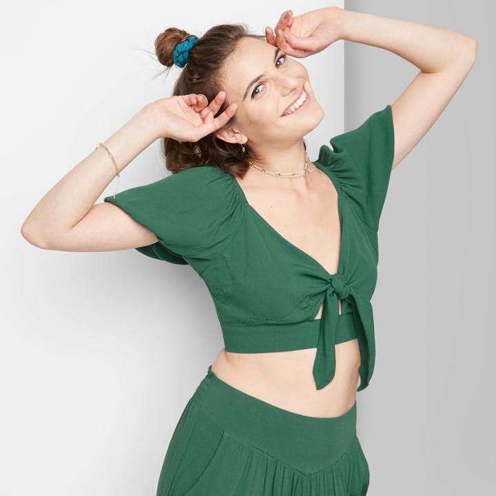 Women's Puff Short Sleeve Woven Tie-front Blouse - Wild Fable Deep Emerald