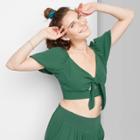 Women's Puff Short Sleeve Woven Tie-front Blouse - Wild Fable Deep Emerald