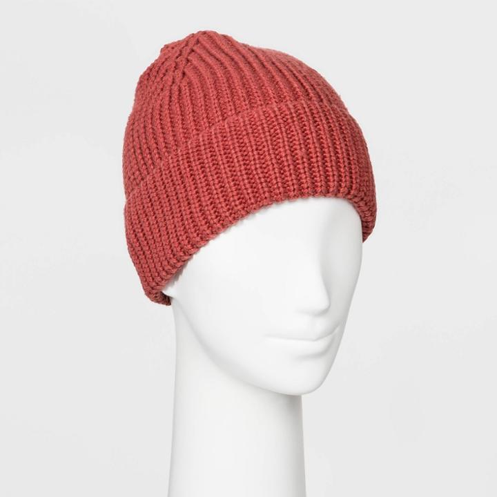 Women's Shaker Stitch Knit Cuff Beanie - A New Day Pink One Size,