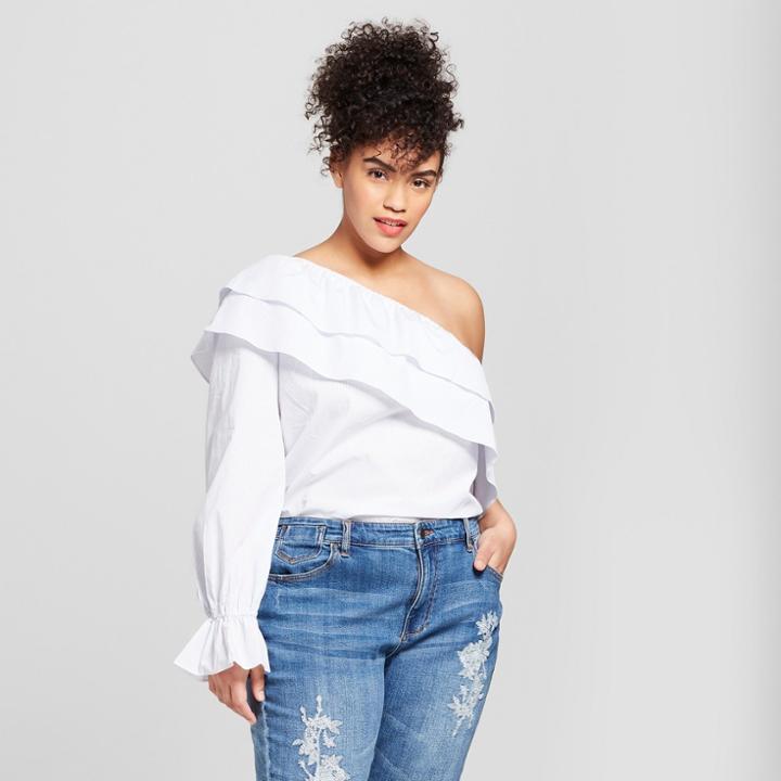 Women's Plus Size Striped Long Ruffle Sleeve One Shoulder Top - Who What Wear White