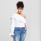 Women's Plus Size Striped Long Ruffle Sleeve One Shoulder Top - Who What Wear White