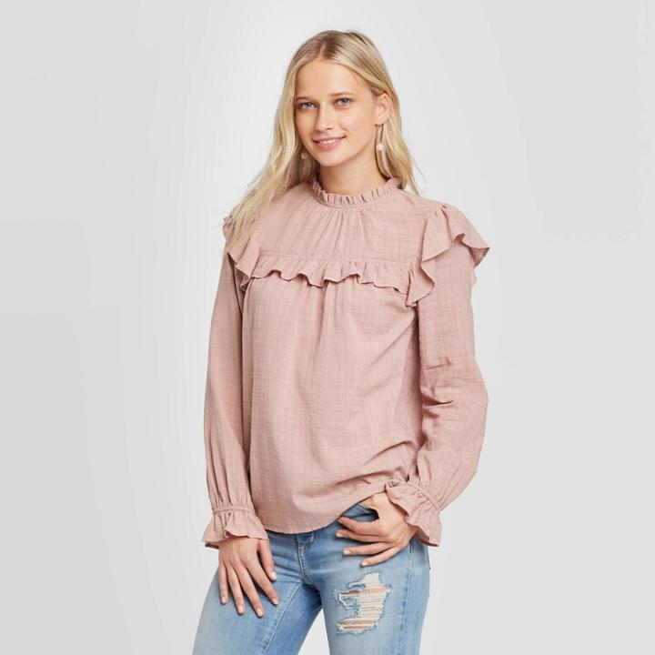 Women's Ruffle Long Sleeve Crewneck Blouse - Universal Thread Rust Xs, Women's, Red