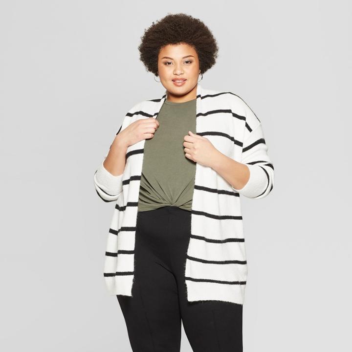 Women's Plus Size Striped Long Sleeve Open Layering Cardigan - Ava & Viv Black/white