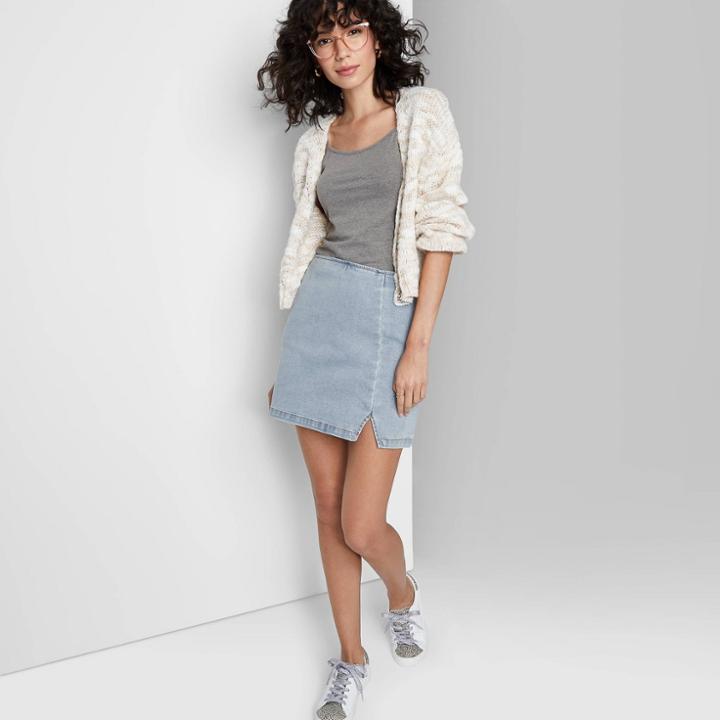 Women's Notch Front Seamed Denim Mini Skirt - Wild Fable Light Wash