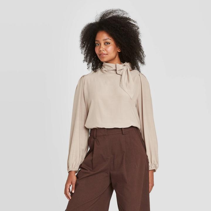 Women's Balloon Long Sleeve Tie Neck Blouse - Prologue Brown