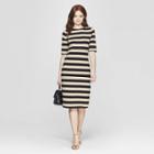 Women's Striped 3/4 Sleeve Crew Neck Knit Dress - A New Day Black/tan