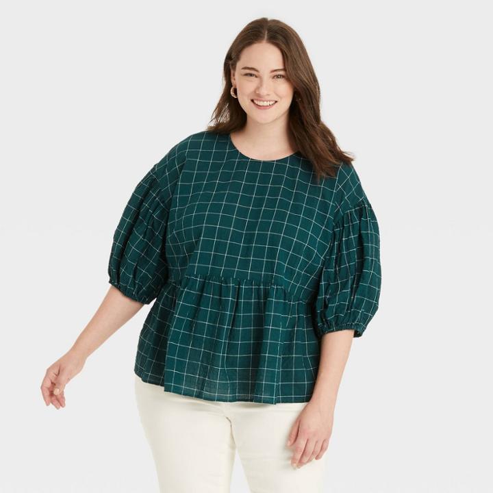 Women's Plus Size Puff 3/4 Sleeve Top - A New Day Olive Green