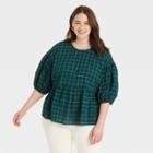 Women's Plus Size Puff 3/4 Sleeve Top - A New Day Olive Green