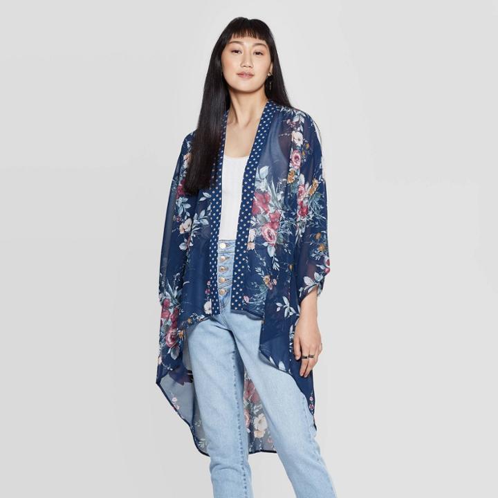 Women's Floral Print 3/4 Sleeve Midi Length Kimono Jacket - Xhilaration Navy Xs/s, Women's, Size: