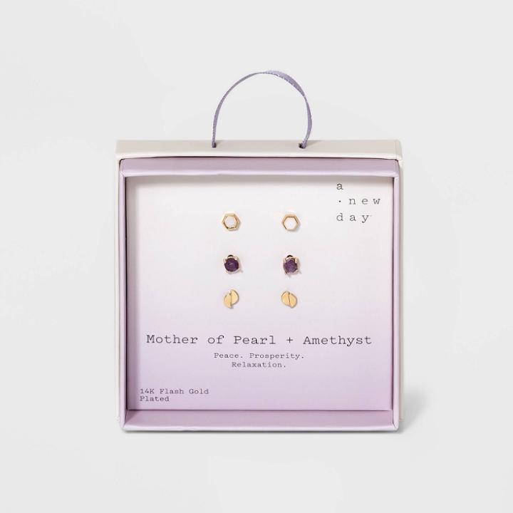 Silver Plated Semi-precious Stud Earring Set 3pc - A New Day Amethyst