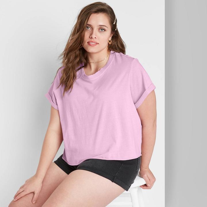 Women's Plus Size Short Sleeve Rolled Round Neck Cuff Boxy T-shirt - Wild Fable Pink