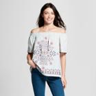 Women's Pinstripe Short Sleeve Embroidered Off The Shoulder Top - Knox Rose Blue