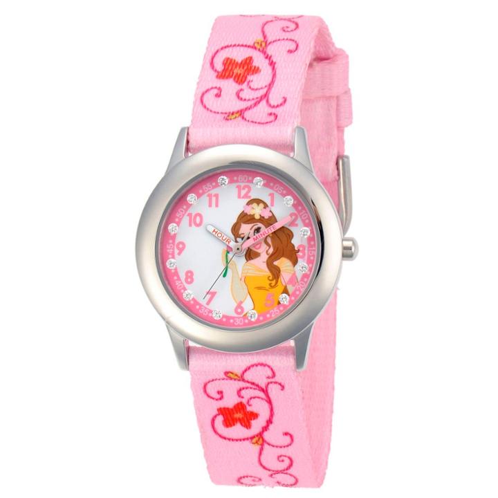 Girls' Disney Belle Stainless Steel Time Teacher Glitz Watch - Pink, Girl's,
