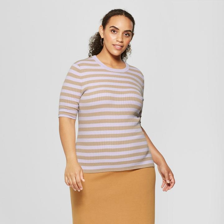 Women's Plus Size Striped Elbow Sleeve Crew Sweater - Who What Wear Light Purple 3x, Light Purple