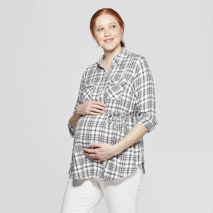 Maternity Plaid Long Sleeve Popover Tunic Top - Isabel Maternity By Ingrid & Isabel White/black Xxl, Infant Girl's, Gray