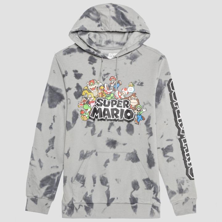 Men's Nintendo Super Mario Tie-dye Hooded Sweatshirt - Gray