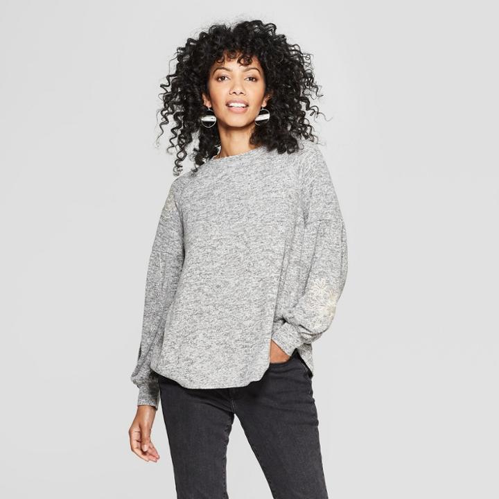 Women's Floral Print Balloon Long Sleeve Top - Knox Rose Gray