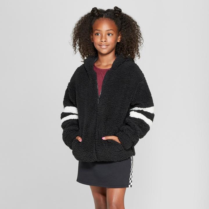 Girls' Sherpa Zip Front Hoodie - Art Class Black