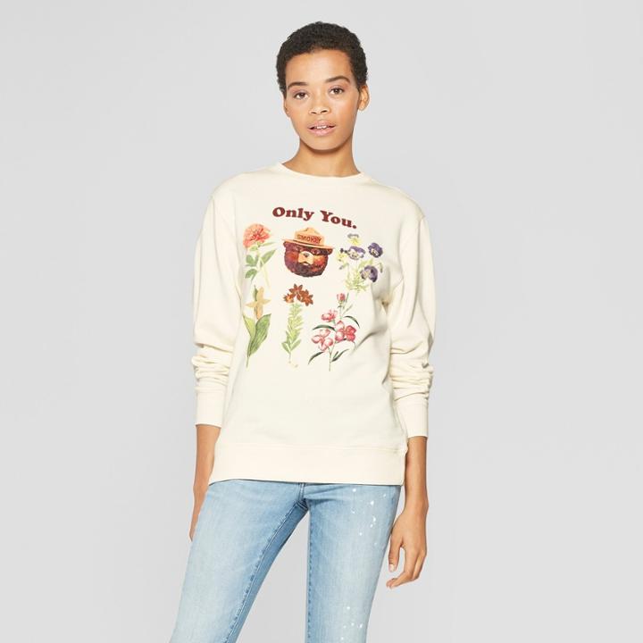 Women's Floral Print Smokey Bear Sweatshirt - (juniors') Cream