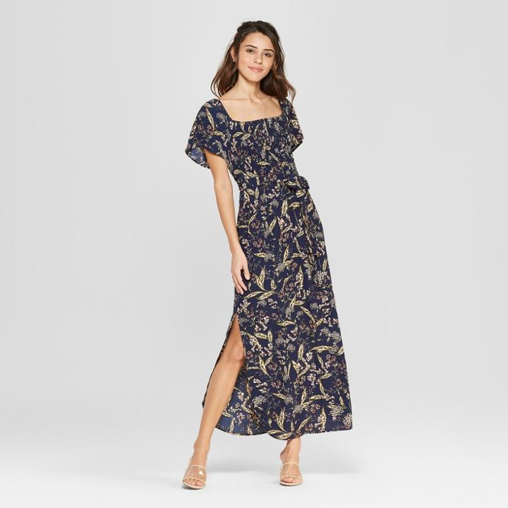 Women's Floral Print Short Sleeve Smocked Top Maxi Dress With Side Slit - Xhilaration Navy (blue)
