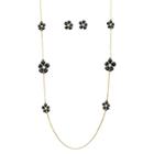 Zirconmania Women's Zirconite Daisy Flowers And Crystals Enamel And Gold Electroplated Station Necklace And Earrings Set - Black