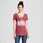 Women's Boston Skyline Short Sleeve Cross Front Drapey Graphic T-shirt - Awake Burgundy