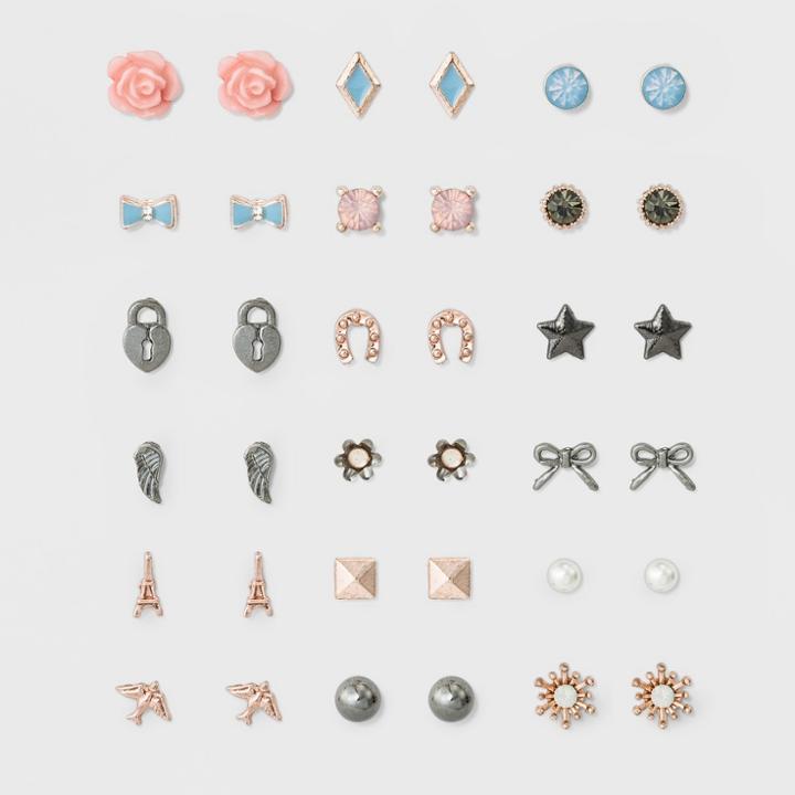 Target Women's Earring Set Eighteen Pack With Flowers, Birds, Bow, Eiffel Tower And Star Post Back Earrings - Gold