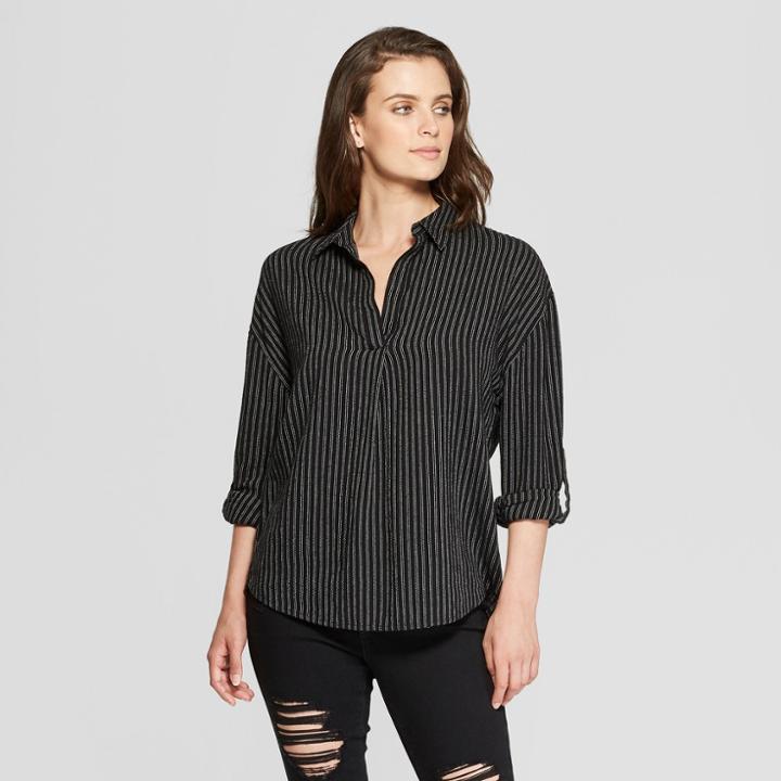 Women's Striped Long Sleeve Popover Flannel - Universal Thread Black