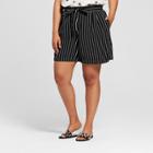 Women's Plus Size Striped Tie Waist Linen Shorts - A New Day Black/cream