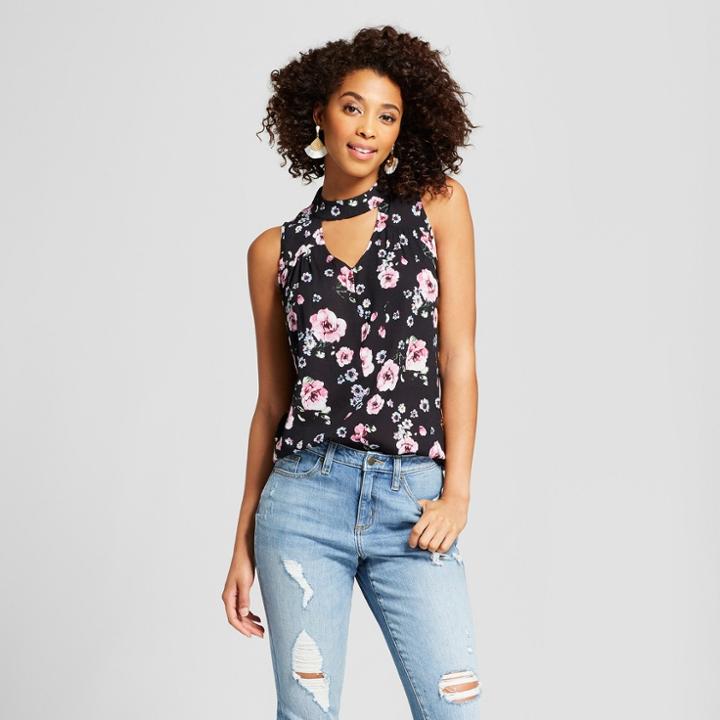 Women's Floral Print Choker Tank Top - Grayson Threads (juniors') Black