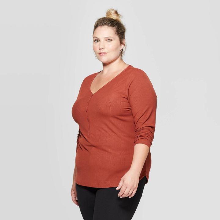 Women's Plus Size Long Sleeve V-neck Ribbed Henley T-shirt - Ava & Viv Brown