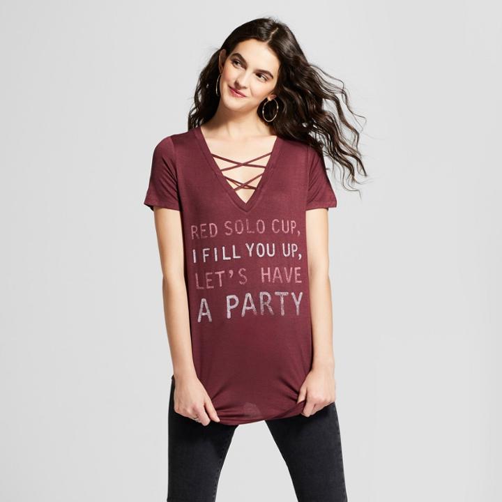 Women's Red Solo Cup, I Fill You Up, Let's Have A Party Criss-cross V-neck T-shirt - Lyric Culture (juniors') Burgundy