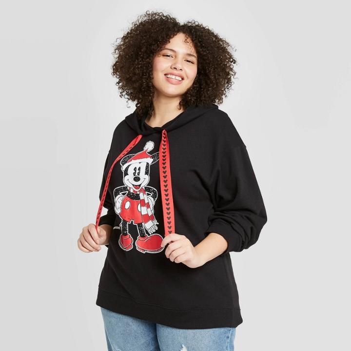 Disney Women's Santa Mickey Plus Size Ugly Holiday Hooded Graphic Sweatshirt - Black