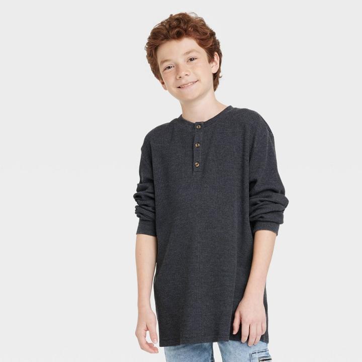 Boys' Long Sleeve Washed Thermal Henley T-shirt - Art Class Black