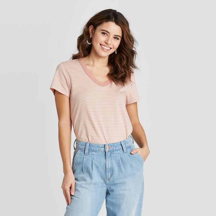 Women's Striped Relaxed Fit Short Sleeve V-neck T-shirt - Universal Thread Pink