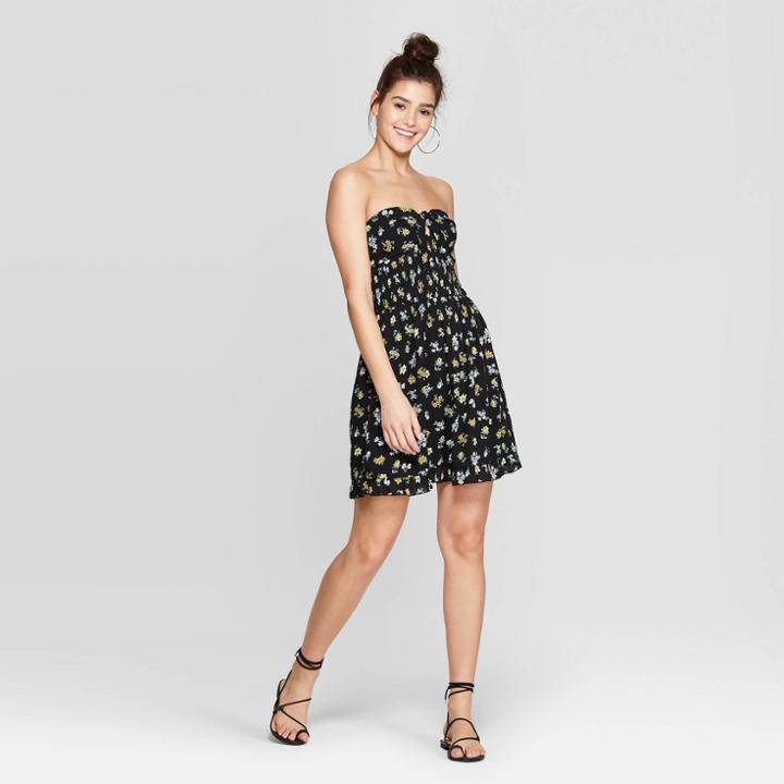 Women's Floral Print Tie Front Strapless Dress - Xhilaration Black