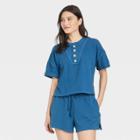 Women's Short Sleeve French Terry Henley Shirt - Universal Thread Blue