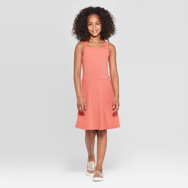 Girls' Ruffle Trim Tank Dress - Art Class Orange