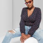 Women's Plus Size Cherry Print Long Sleeve Wrap Top - Wild Fable Black