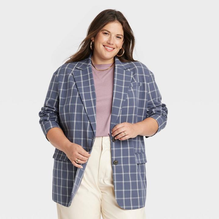 Women's Plus Size Boxy Blazer - A New Day Blue Windowpane