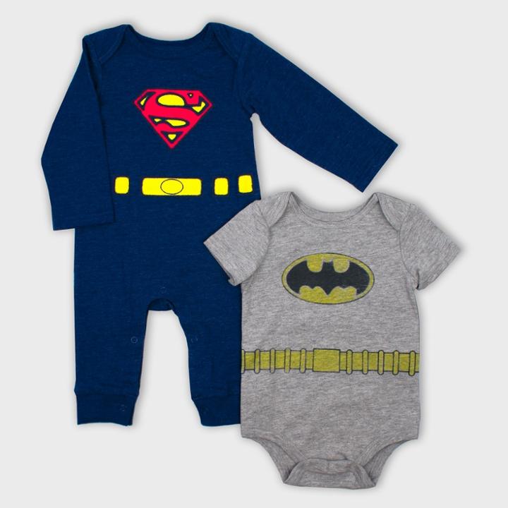 Baby Boys' 2pk Dc Comics Batman & Superman Bodysuit Set - Gray/navy