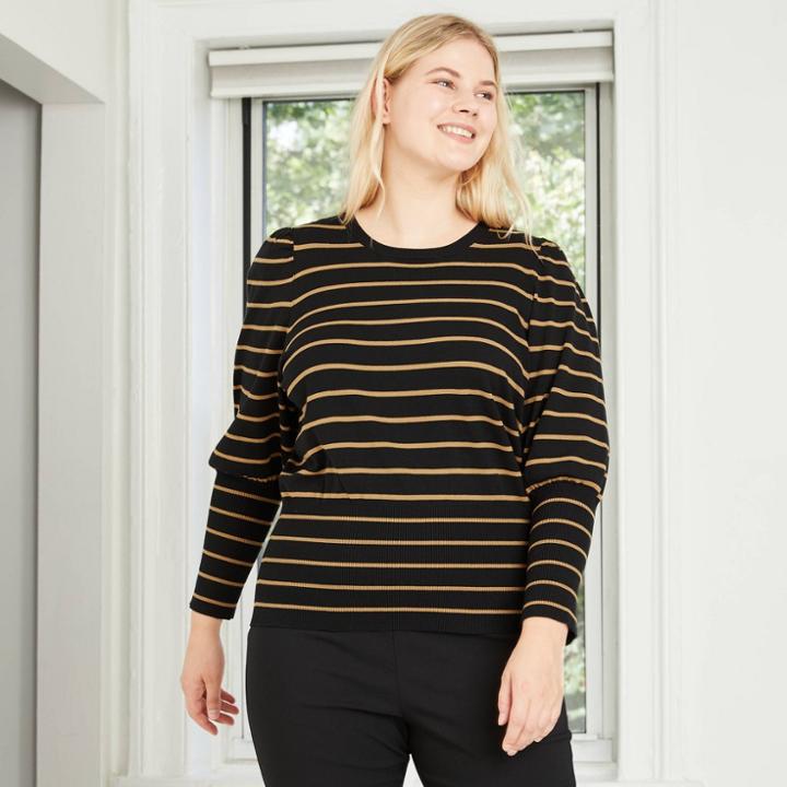 Women's Plus Size Striped Crewneck Pullover Sweater - Who What Wear Black